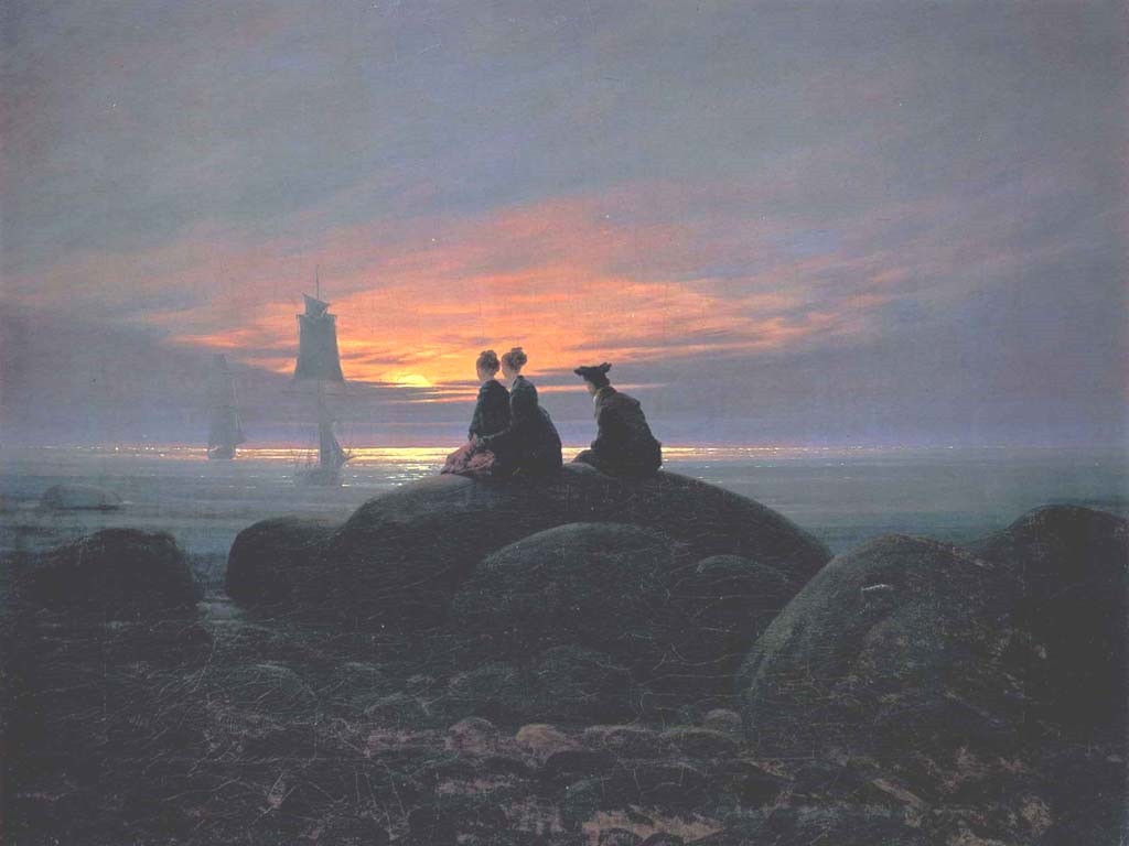 絵画の写真　フリードリッヒ作の「海辺の月の出」